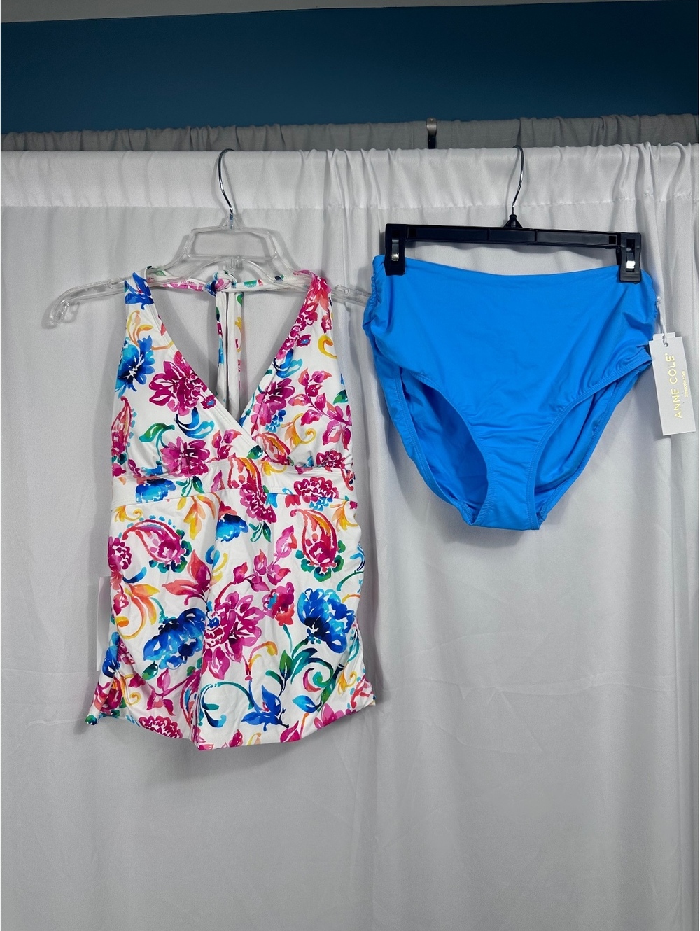 Anne Cole Floral Tankini Top with Blue High-Waisted Bikini Bottoms - Size M
